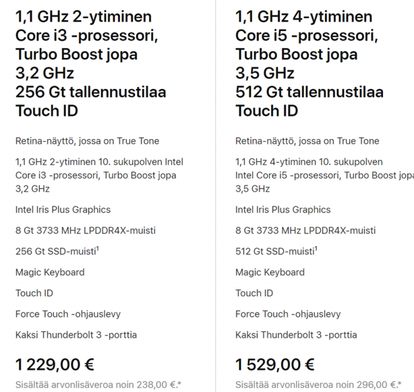 Uuden MacBook Airin hinnat ja tekniset ominaisuudet.