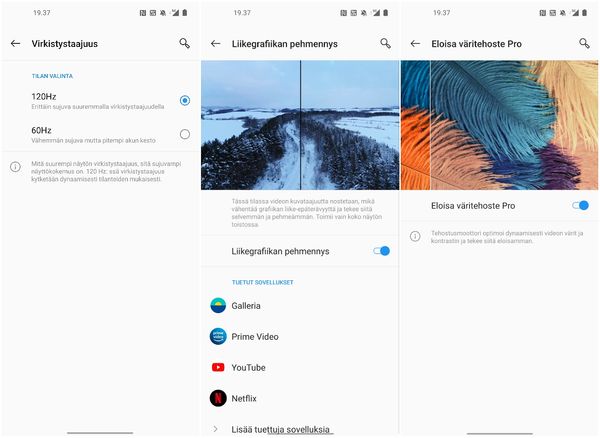 OnePlus 8 Pron näyttöasetuksia: virkistystaajuus, liikegrafiikan pehmennys ja väritehoste (HDR-muunnos).
