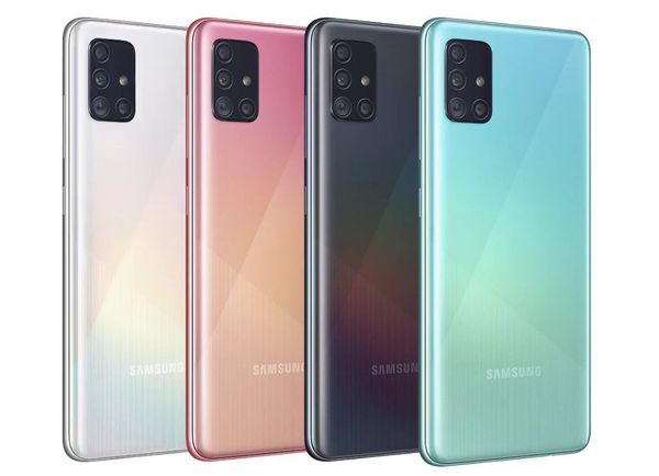 Samsung Galaxy A51:n värivaihtoehdot. Pinkki väri ei kuulu valikoimaan Suomessa.